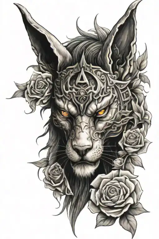  oni mask with anubis and some roses and compasses and lions tattoo design idea