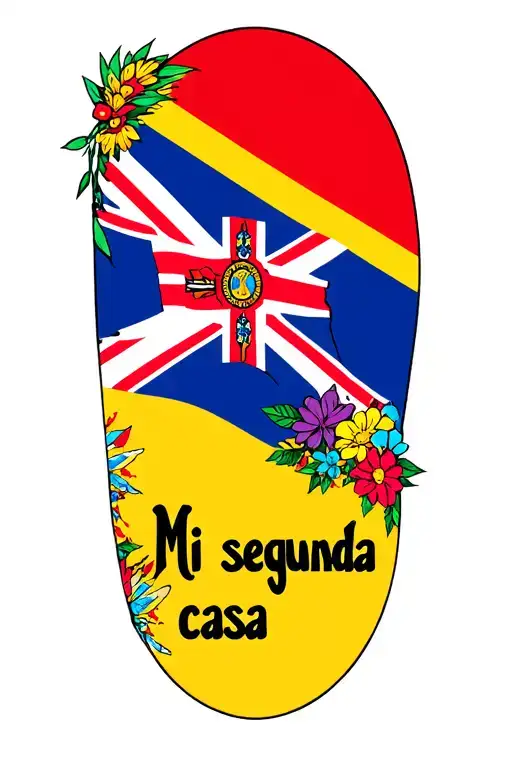 "Mi segunda casa" aztec statue, colourful flowers, colombia flag and union jack flag as backdrop tattoo design idea