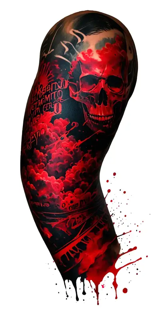 "Sentimiento Cero" Full sleeveTrash Polka;black+red; abstract+geo; soft clouds; negative space; wrap; forearm big horizontal text; NO skull tattoo design idea