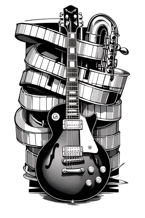 gibson les paul guitar with keyboard keys wrapping around. a simple drum set on bottom left and saxophone in upper right tattoo design idea