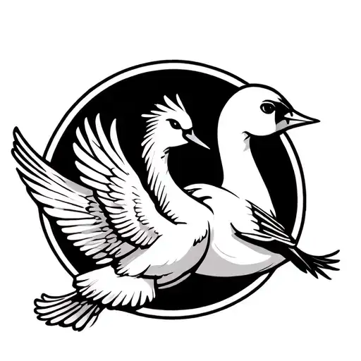 one cartoon swan and one cartoon robin flying together tattoo design idea