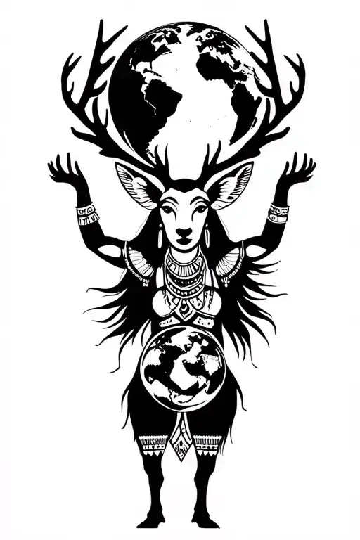 Yaqui deer dancer holding earth globe tattoo design idea