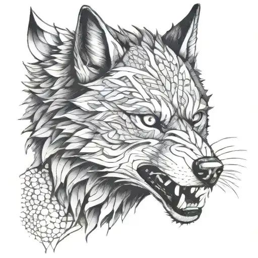 Fenrir wolf in a dynamic fighting stance tattoo design idea