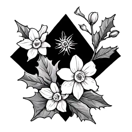 triangle outline with narcissus flower and holly branch tattoo design idea