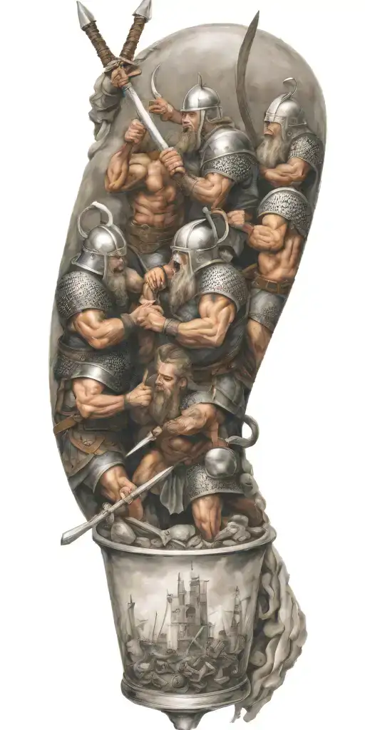 A scientific interpretation of a Greek Viking battle scene, with elements like test tubes and beakers mixed with swords and shields tattoo design idea