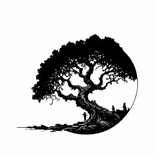 Walk out of Babylon round, disappeared together in a tree, tattoo design idea