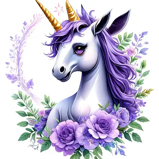 soft purple flowers surrounding a magical baby unicorn tattoo design idea