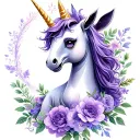 soft purple flowers surrounding a magical baby unicorn tattoo design idea