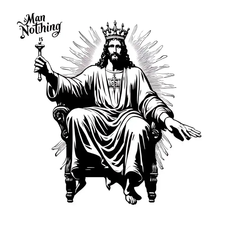 "Man is Nothing" Christ sitting on his throne in heaven and dressed like a king. he is shining brighter than the sun. with his eyes of fi tattoo design idea