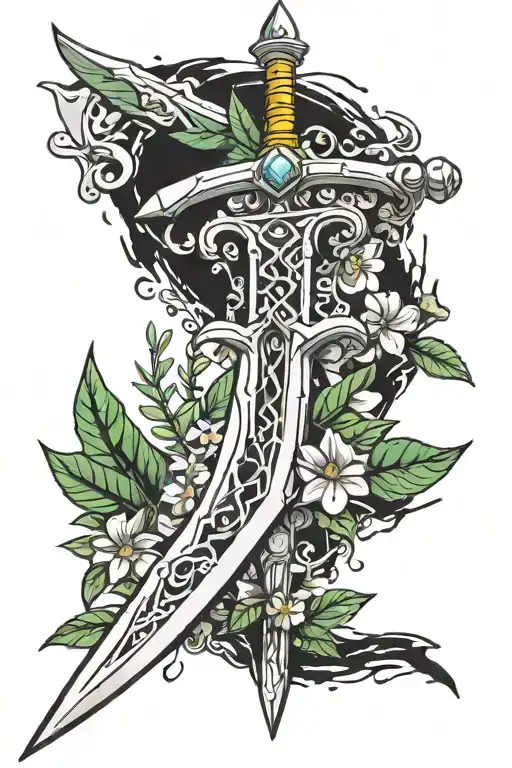 Master sword from legend of zelda with a few rosemary flowers spiraling up the blade in the art style of early 2000s ska tattoo design idea