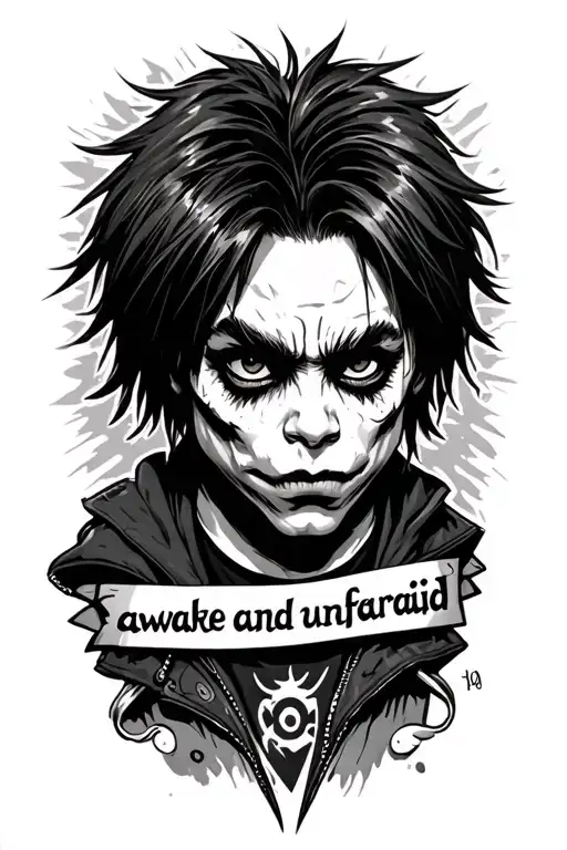 My Chemical Romance pepe character with the words "awake and unafraid" incorporated into it tattoo design idea