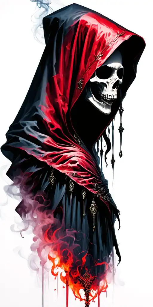 Hooded Reaper Silohuette, Smoke, shadow, ethereal, terrifying, dark, goth, grungy, evil tattoo design idea