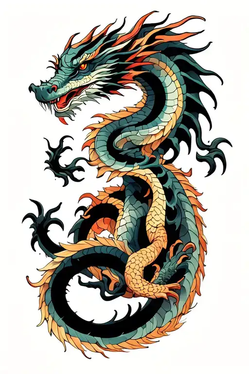 A dragon tangled in an intricate MC Escher-inspired optical illusion tattoo design idea