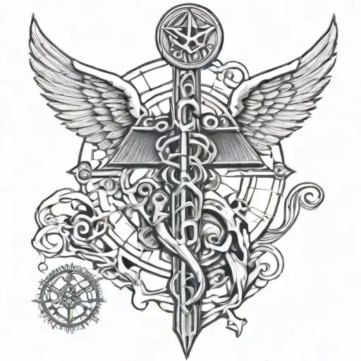 masculin, caduceus on top, seal of Solomon on the bottom, heavy black work, no letters tattoo design idea