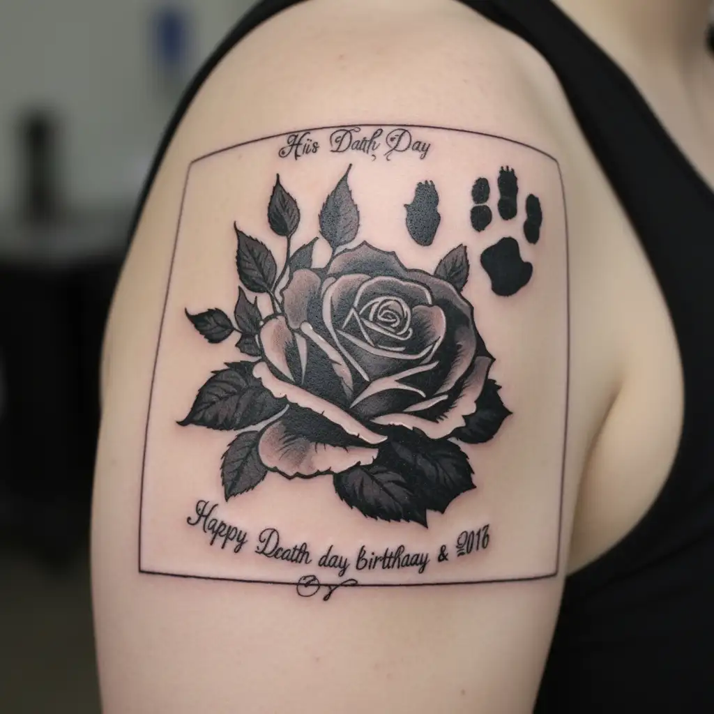 roses and dogs pawprint and his name and birthday day and death date  tattoo design idea