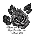 roses and dogs pawprint and his name and birthday day and death date  tattoo design idea