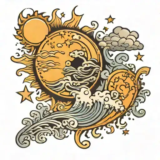 a moon with stars around it and a sun with the heat waves and a wave surrounding it all with clouds on top.  tattoo design idea