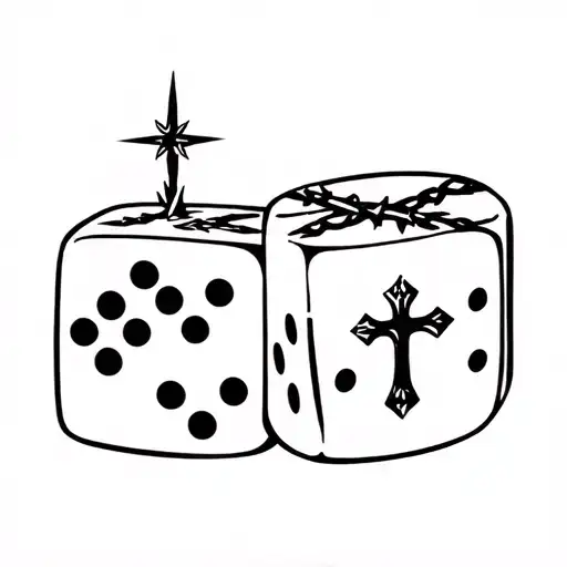 2 6-sided yahtzee dice with Christian crosses on the side of one die. Add a barbed wire rope connecting the top of both tattoo design idea