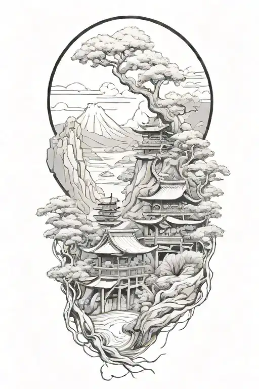 a japanese landscape in manga style tattoo design idea