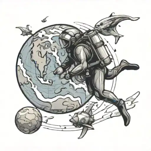 a scuba diver passing in front of planet earth with thai references. small thin tattoo tattoo design idea