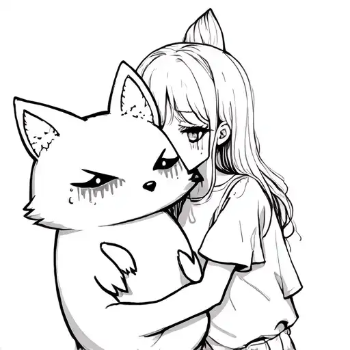 a depressed girl with leaking mascara on her eyes hugs a plush shaped like a fox tattoo design idea