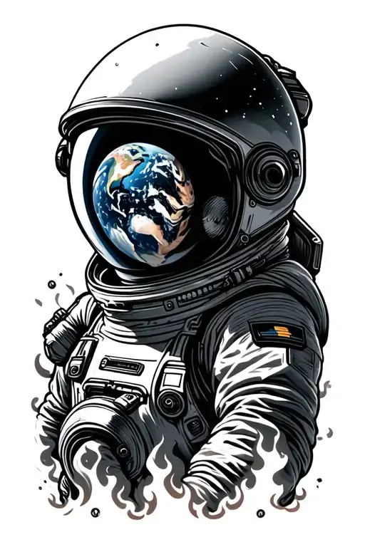 astronaut with helmet facemask reflecting the earth burning tattoo design idea