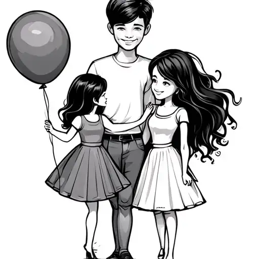Father, mother daughter in this sequence. Daughter is small and holding a balloon with happiness wearing a skirt. Just t tattoo design idea