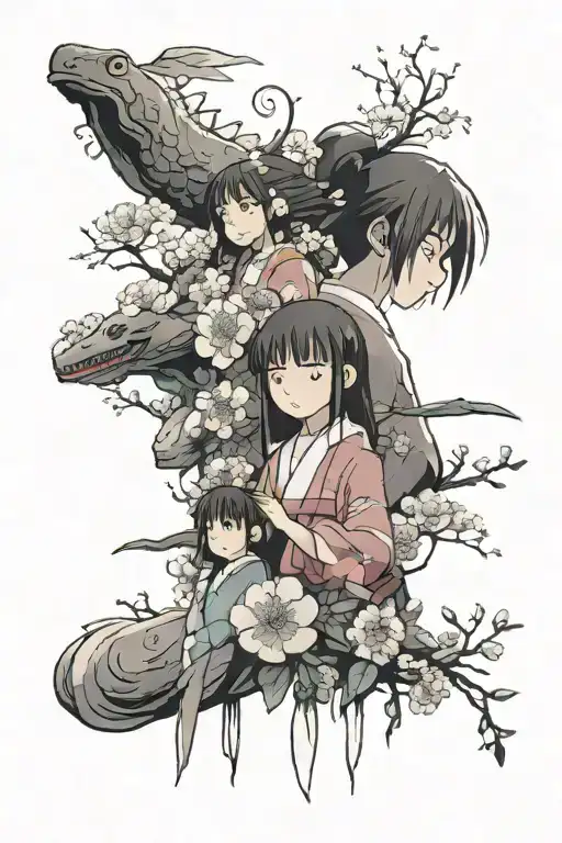 spirited away characters surrounded by flowers  tattoo design idea