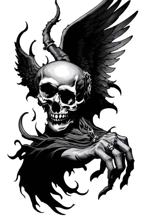 I want a full-hand tattoo with skulls, wings, and demonic elements, creating a detailed, hellish، with multiple pieces  tattoo design idea
