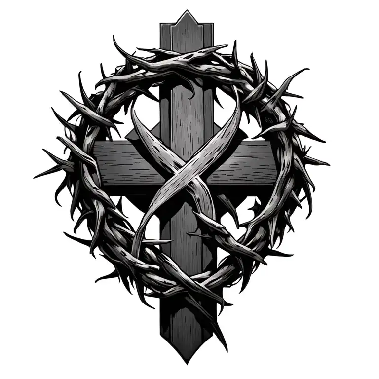 Christian crown of thorns and cross intertwined tattoo design idea