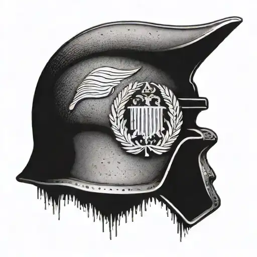 A detailed tattoo of a military helmet with the Albanian flag draped over it tattoo design idea