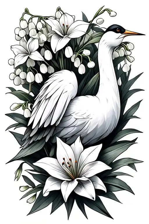 origami crane with lily of the valley, gladiolus and marigold flower tattoo design idea