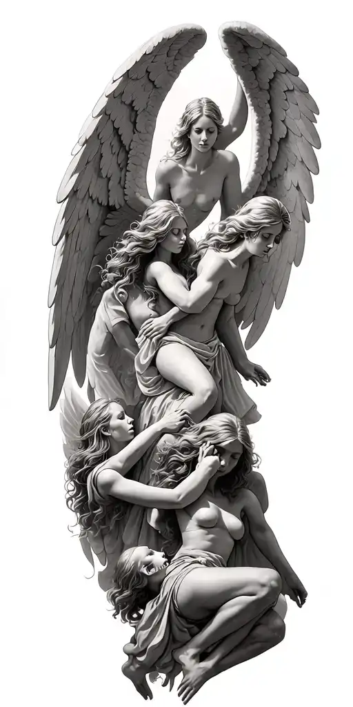 angels going through gates of heaven while fighting demons trapped in hell tattoo design idea