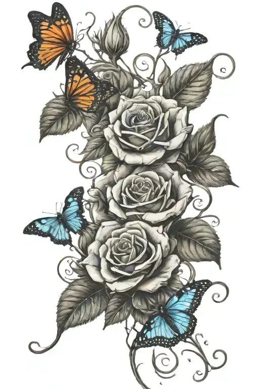 roses with a vine wrapping with butterflys landing tattoo design idea