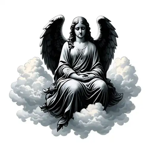 angel sitting in cloud ghetto style with a meaning ful background of a loved one passing away.  tattoo design idea