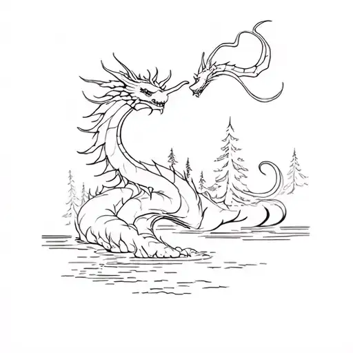 forest crossed by a river that turns into a dragon tattoo design idea
