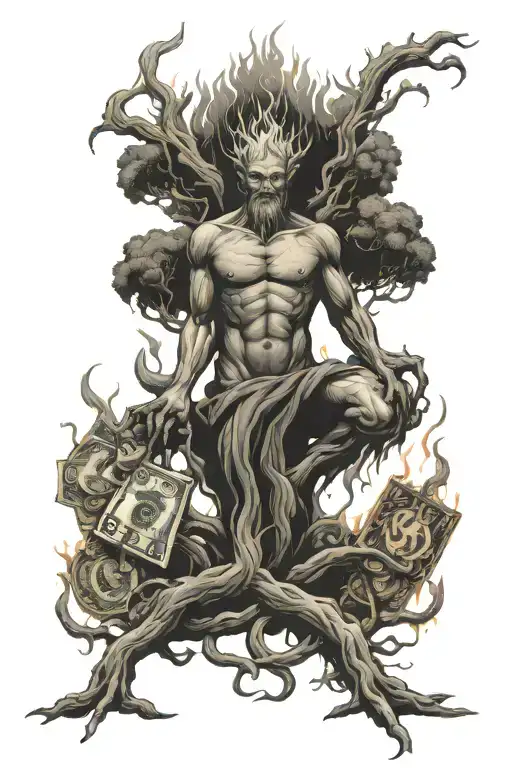 Zues striking a flaming tree made of money and the roots spell evil tattoo design idea