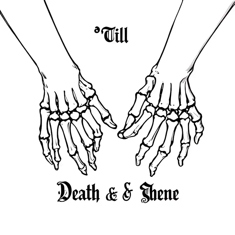 Two skeleton hands linking pinkies, done as fine line art. text below: “’Til Death & Then Some” in small gothic font tattoo design idea