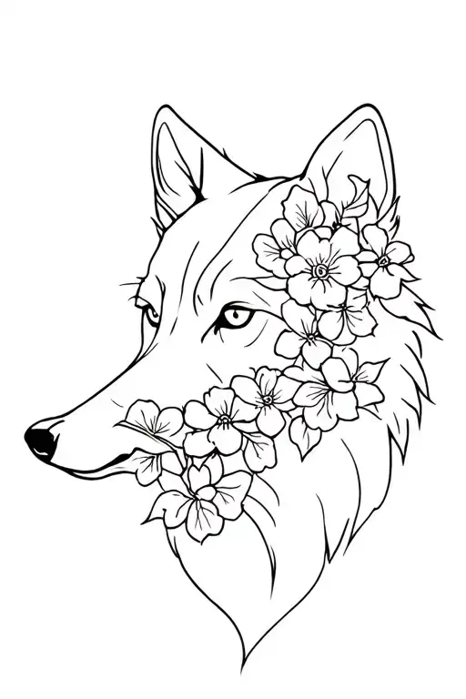 Cherry Flowers Wolf silhouette tattoo design idea