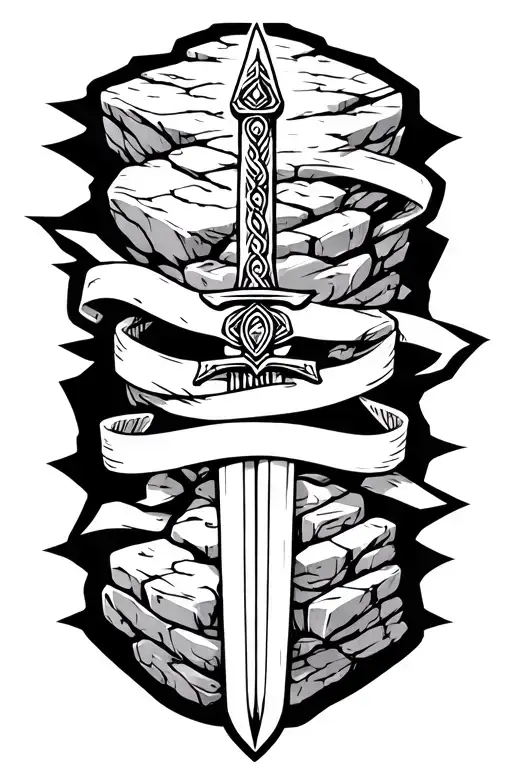 sword in the stone with a ribbon around it  tattoo design idea