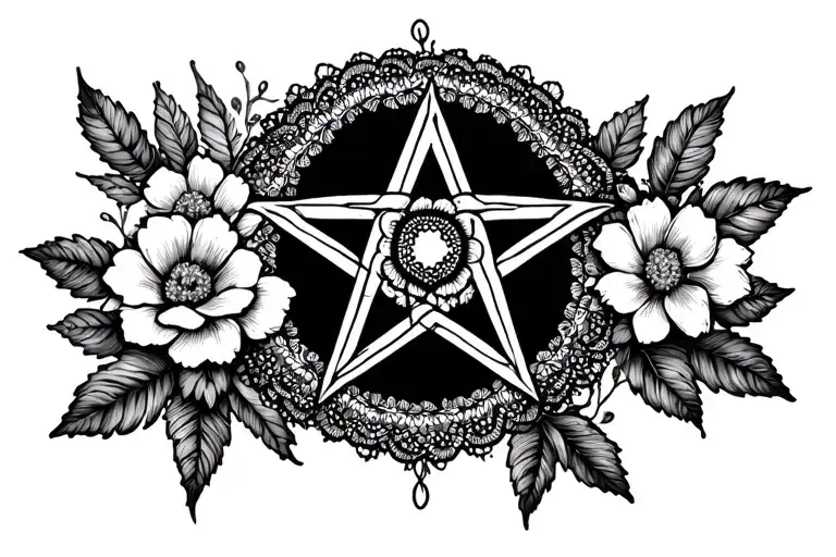 pentagram in lace and flowers  tattoo design idea