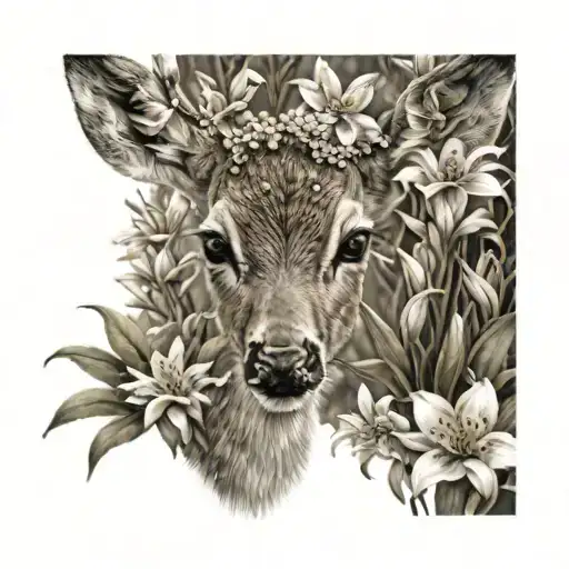 A baby deer sitting in a forest of lily flowers growing tattoo design idea