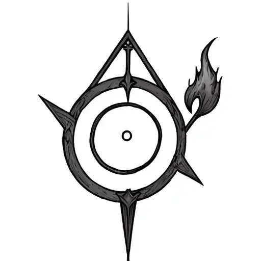 triangle above and under a circle with a dot at the center , a flame to the right and a rounded arrow to the left  tattoo design idea