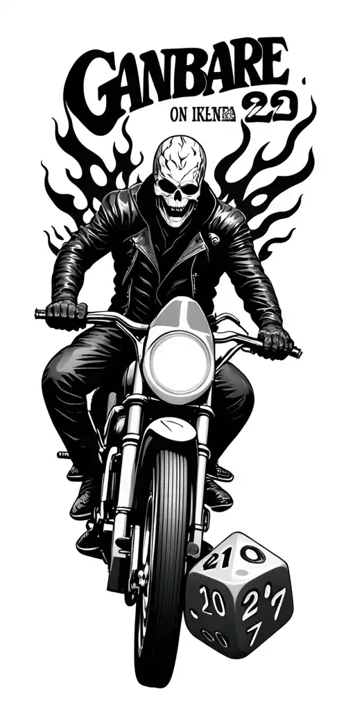 "GANBARE on Japanese" D20 dice with numbers 1 in the mid, suround with 20, 11, 2, 7 + Ghost Rider with flames on the head ridding the bike tattoo design idea