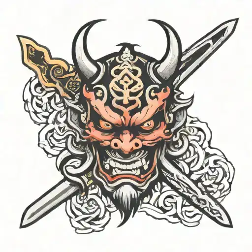Oni mask holding sword tattoo design idea