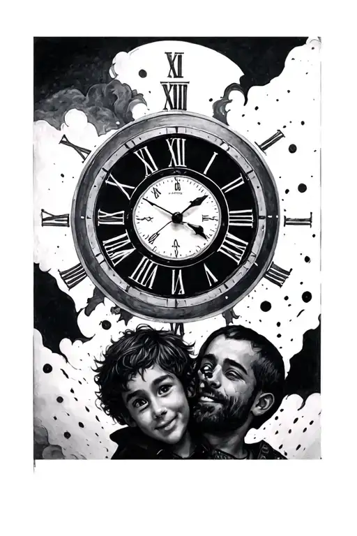 father son, Lucas, clock embedded tattoo design idea