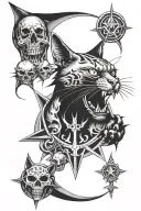Demonic Cat surrounded by skulls and a pentagram tattoo design idea