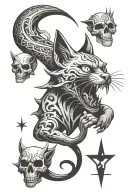 Demonic Cat surrounded by skulls and a pentagram tattoo design idea