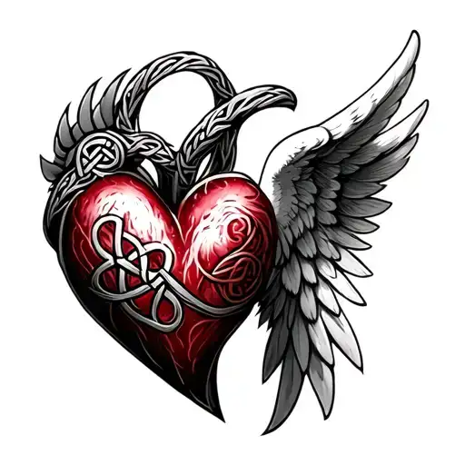 heart, celtic knot, one angel wing tattoo design idea
