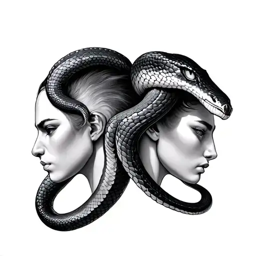 snake 2 head present two faces of human tattoo design idea